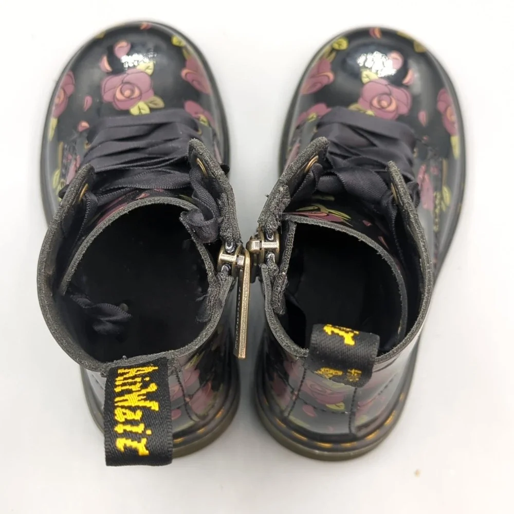 Dr. Martens 1460 Pascal T Black Floral Coated Leather Boots Kids Size US 8 UK 7